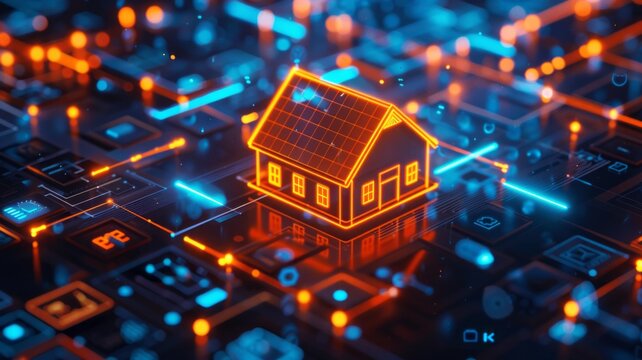 3D illustration of a Smart Home Automation Control System. Futuristic innovative system for online control of smart home elements. Creative background.