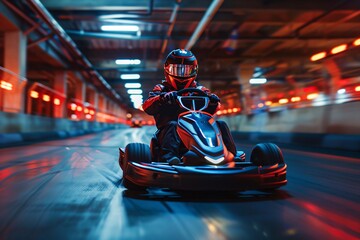 a person in a helmet driving a go kart - obrazy, fototapety, plakaty