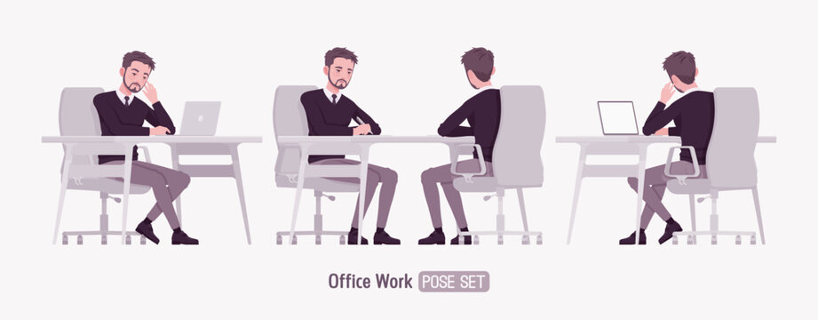 Young businessman, handsome man formal outfit set, laptop desk work pose. Smart business office V-neck pullover sweater, tie, white shirt collar, grey costume pants, classic shoes. Vector illustration