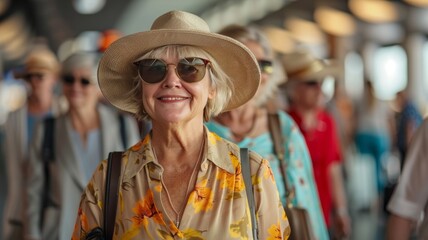 Close-up portrait of a senior Caucasian female traveler at the airport. Charming elderly woman wearing nice hat and sunglasses is going on vacation trip. Tourism and active lifestyle for retirees. - obrazy, fototapety, plakaty