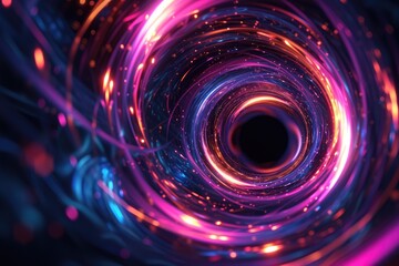 Abstract neon background. Black hole at the center of the vortex. Particles leave luminous traces
