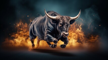 Dark banner, Galloping Red fire Bull animal rodeo concept, background with copy space, bullish run - obrazy, fototapety, plakaty