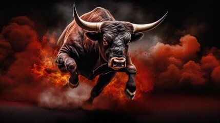 Dark banner angry Red Bull animal concept on fire background with copy space, bullish run, rodeo