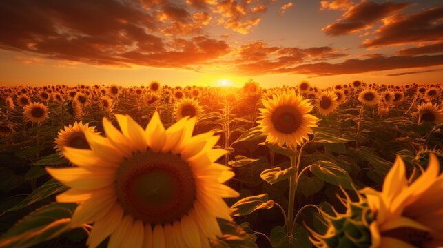 Photo of a beautiful sunset over a field of sunflowers
