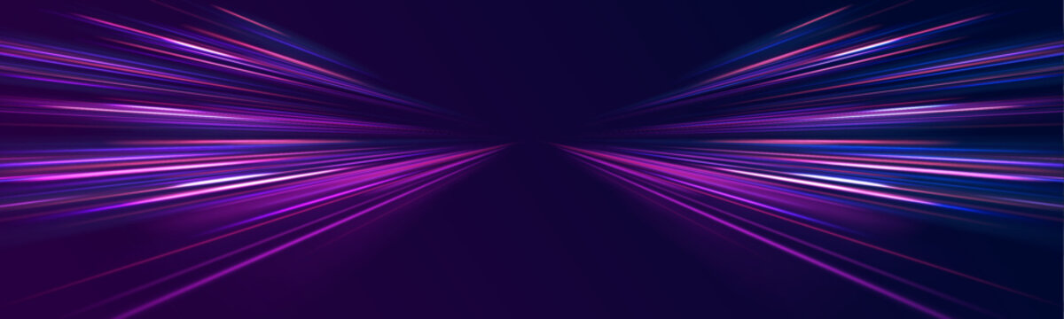 Cyberpunk light trails in motion or light slow shutter effect. Acceleration speed motion on night road. Bright sparkling background. Panoramic high speed technology concept, light abstract background.