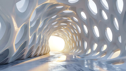 The image is a 3D rendering of a futuristic tunnel. The tunnel is made of white organic material and has a glossy reflective surface. - obrazy, fototapety, plakaty