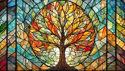 Bright multicolored stained glass window abstract with a tree