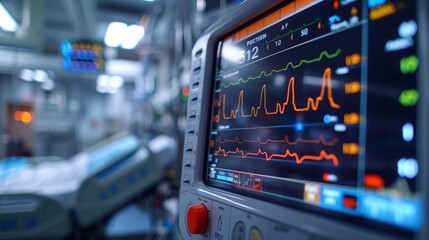 A vital signs monitor in a hospital displays the critical health status of a patient with various medical readings.
