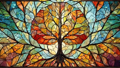 Bright multicolored stained glass window abstract with a tree