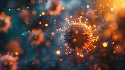 Virus Particle. Conceptual representation of a virus particle with a glowing, fiery appearance against a dark background. - obrazy, fototapety, plakaty