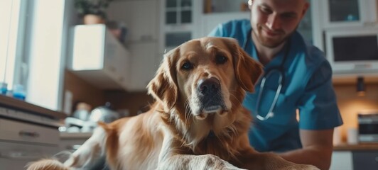 A male veterinarian doctor in blue uniform with stethoscope performing a routine examination of a dog in a vet clinic. Close-up, selective focus on a dog. Treatment and vaccination of pets.