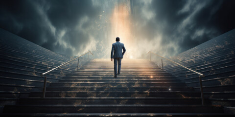 Ascending Ambition Businessman Merged with Stairs Embodying Journey to Corporate Triumph