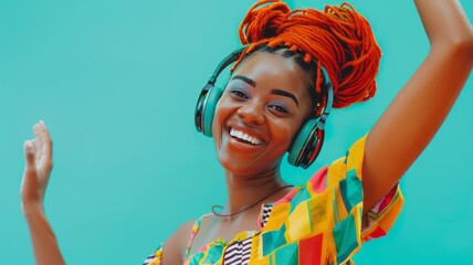 Studio portrait of young cheerful black woman in colorful outfit with orange Afro braids and bright headphones against turquoise background. African American girl listening to the music and dancing.