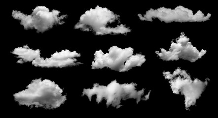 White clouds collection isolated on black background, cloud set on black. fluffy white cloudscape texture. Black sky nature background, cloudy, black and white, horizontal - obrazy, fototapety, plakaty