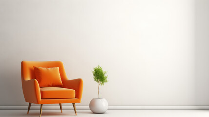 Modern minimalist interior with an armchair on empty white color wall background