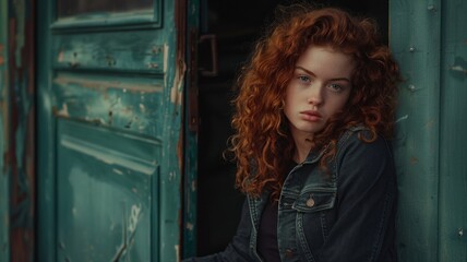 Obraz na płótnie Canvas Fashion portrait of beautiful young Caucasian woman with curly red hair wearing black jacket and jeans. Unemotional female model leaning against old green door while looking at camera.