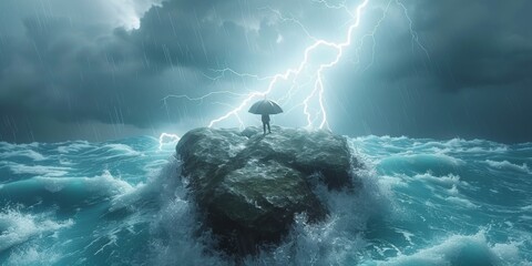 Lone Man With Umbrella Stands Against the Fury of a Thunderous Seascape, Generative AI - obrazy, fototapety, plakaty