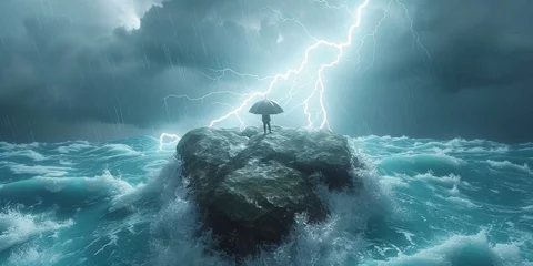 Tuinposter Lone Man With Umbrella Stands Against the Fury of a Thunderous Seascape, Generative AI © Ben