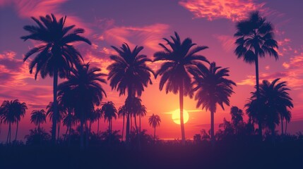 Summer theme. Silhouettes of palm trees against a colorful sunset sky, creating a tranquil scene.