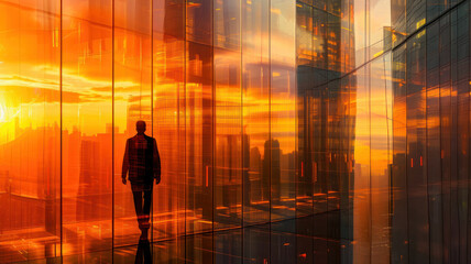 Fototapeta na wymiar engineer, duble exposure with the sightly skyscraper, sunset colors
