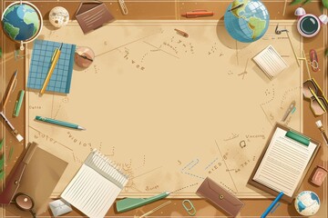 Border design,surrounded by stationery supplies,pen,book, Globe,Leave a rectangular space in the middle,brown color,brown background,cute style, Nordic style,cartoon illustration