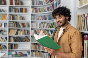 An adult male stands in a well-lit library, immersed in reading a green book. Bookshelves filled...