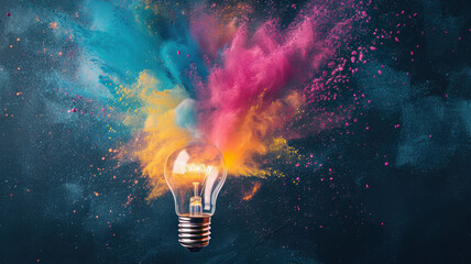 Creative concept light bulb broken explodes with colorful powder colors on a light dark background - obrazy, fototapety, plakaty