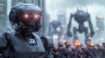 Robots army ready for battle showcasing advanced technology set in a sci-fi future war