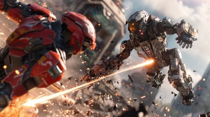 Close up combat between a technologically enhanced human and a rogue AI robot in war zone