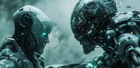 A tense moment of combat between a technologically enhanced human and a rogue AI robot