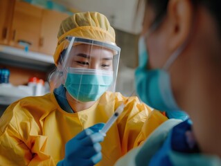 Close-up of a nurse in protective gear preparing a vaccine for a patient in a clinic