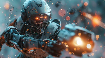 A futuristic combat robot with glowing elements fires its weapon, surrounded by intense sparks and debris.
