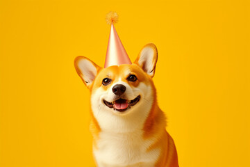 ginger dog wearing a party hat, in a style with frequent use of yellow