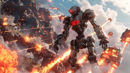 The battlefield blazes with exciting combat, as robots and humans engage in relentless fighting