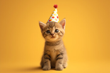 little kitty cat with birthday party hat, yellow and amber style - obrazy, fototapety, plakaty