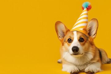 ginger dog wearing a party hat, in a style with frequent use of yellow