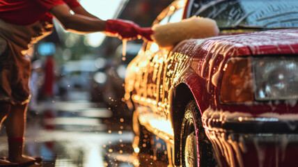 Worker washing red car with sponge on a car wash