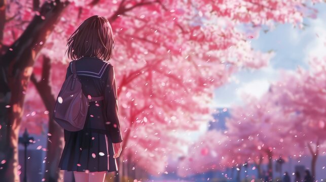 A young anime woman in school uniform from behind standing amidst a shower of cherry blossom