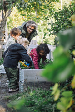 Senior female teacher teaching gardening to preschool kids at garden