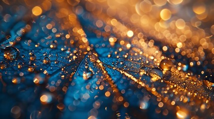 Stunning macro shot of a blue leaf adorned with sparkling raindrops, complemented by a magical golden bokeh background.
