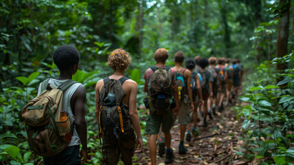 Fototapeta na wymiar Intrepid young scholars, trekking through lush forests, the spirit of discovery alive.