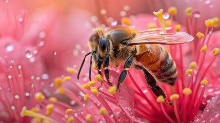 Macro shot of a honeybee diligently collecting pollen on a cluster of soft pink flowers, with a gentle, dreamy background.