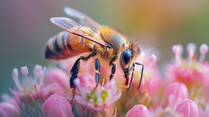 Macro shot of a honeybee diligently collecting pollen on a cluster of soft pink flowers, with a gentle, dreamy background.