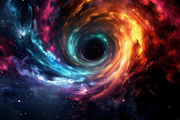 Colorful cosmic vortex surrounding a black hole.  - obrazy, fototapety, plakaty