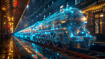 Fototapeta na wymiar vintage steam train blue wireframe blue prints, old train wireframe standing on the station,generative ai
