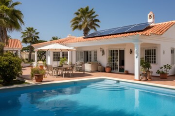 Newly built villa with solar panels on roof against sunny blue sky, ideal for eco-friendly living - obrazy, fototapety, plakaty