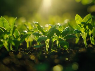 Green basil plants growing in timelapse, illuminated by a gentle lens flare