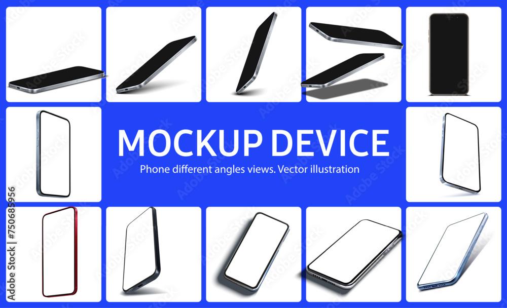 Canvas Prints smartphone mockup set in various views on blue background. collection of realistic smartphone mockup