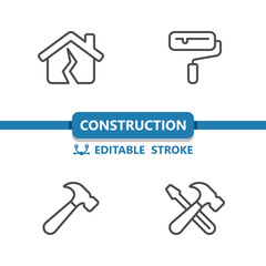 Construction Icons. Home Improvement, Tools, Paint Roller, Hammer, House Icon