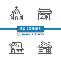Buildings Icons. Shop, Store, Church, Cabin, House Icon